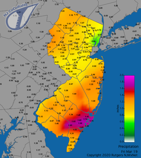 CoCoRaHS precipitation map for the 24 hours ending on the morning of March 19th