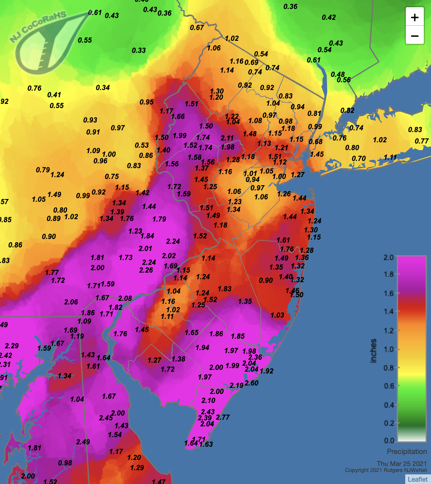 CoCoRaHS precipitation map for the 24 hours ending on the morning of March 25th