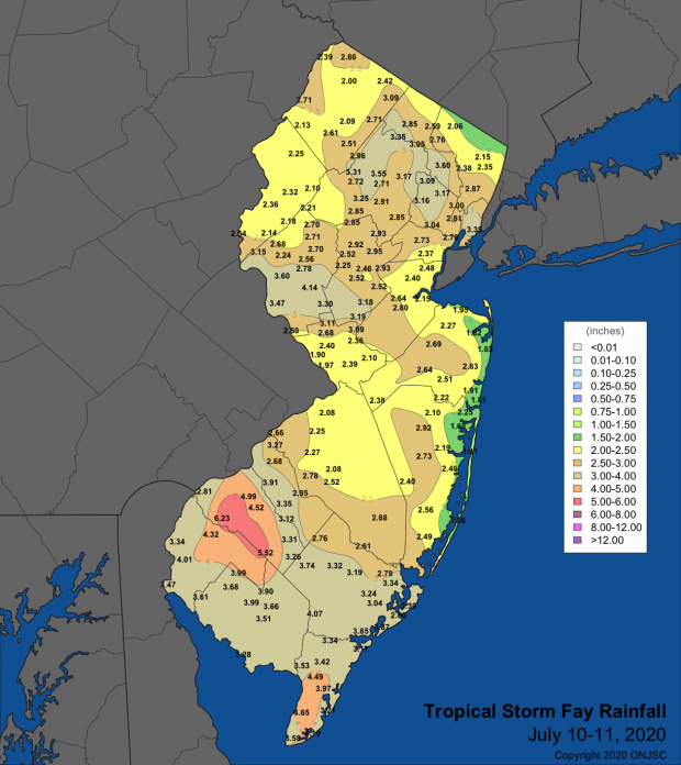 Rainfall map from Tropical Storm Fay on July 10th to 11th