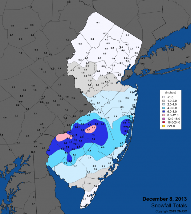 Snow totals across NJ from December 8, 2013.