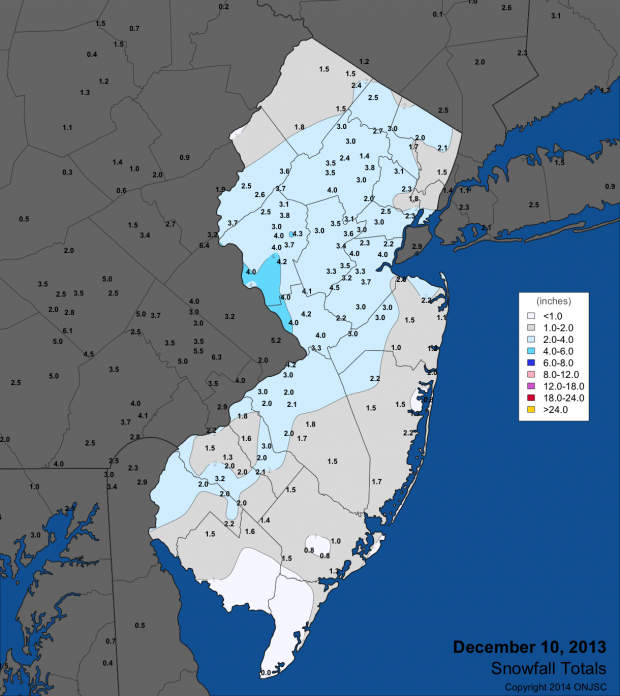 Snow totals across NJ from December 10, 2013.
