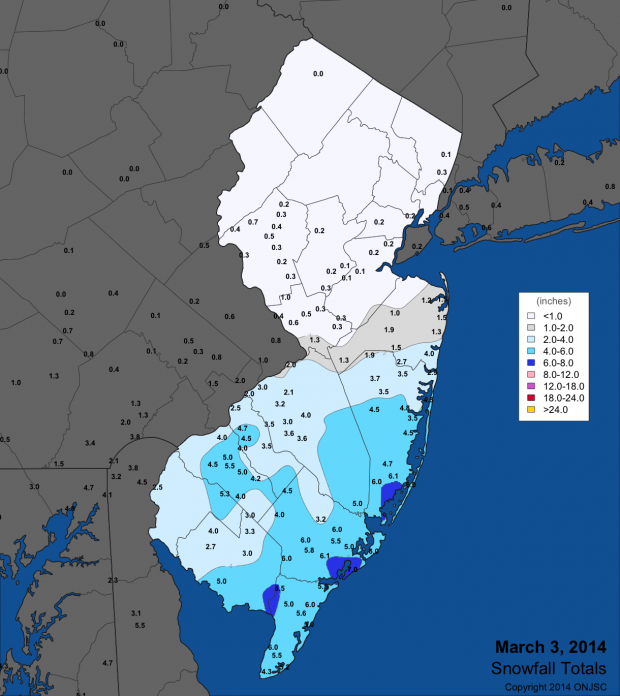 Snowfall totals from March 3, 2014.