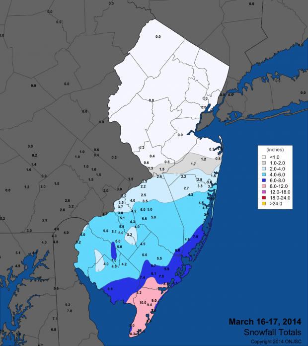 Snowfall totals from March 16-17, 2014.
