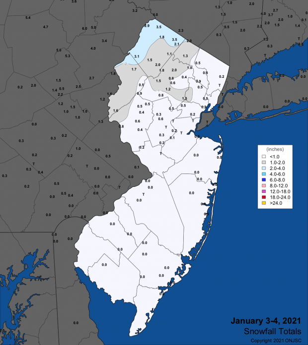 Snowfall map for January 3rd-4th