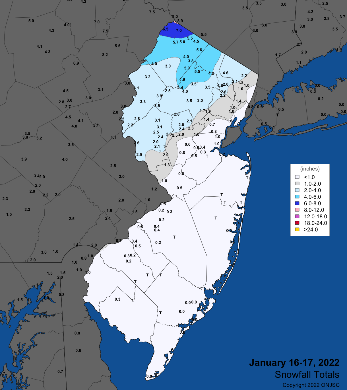 Snowfall on January 16th–17th. Observations are from CoCoRaHS, NWS Cooperative Observer, and NWS Trained Spotter reports.