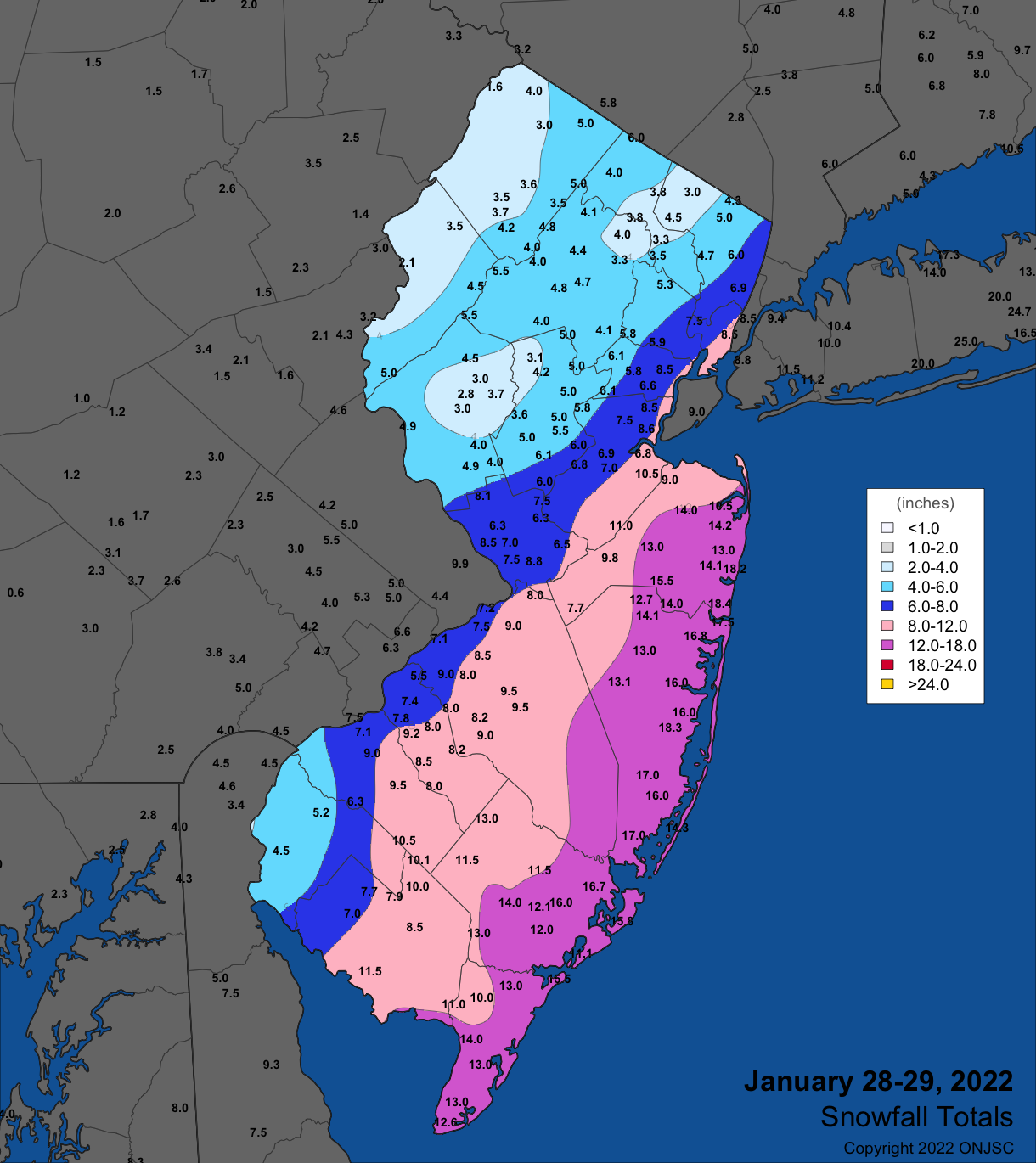 Snowfall on January 28th–29th. Observations are from CoCoRaHS, NWS Cooperative Observer, and NWS Trained Spotter reports.