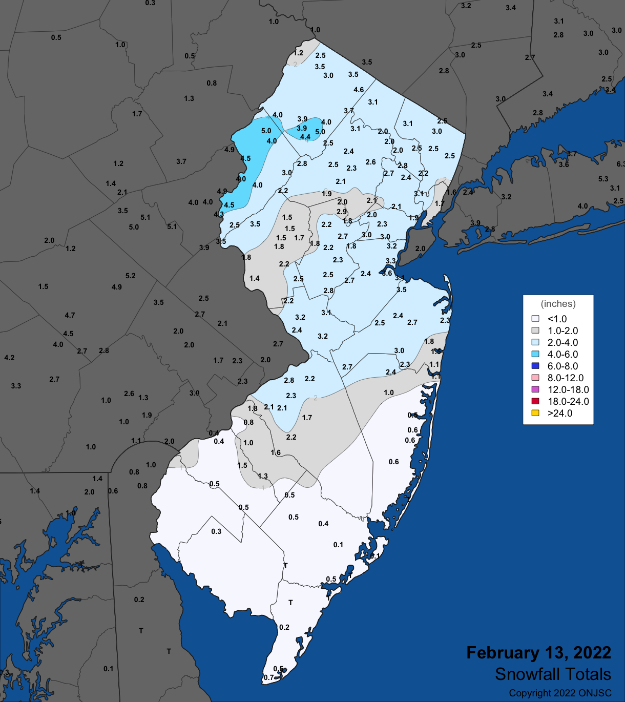 Snowfall on February 13th. Observations are from CoCoRaHS, NWS Cooperative Observer, and NWS Trained Spotter reports.